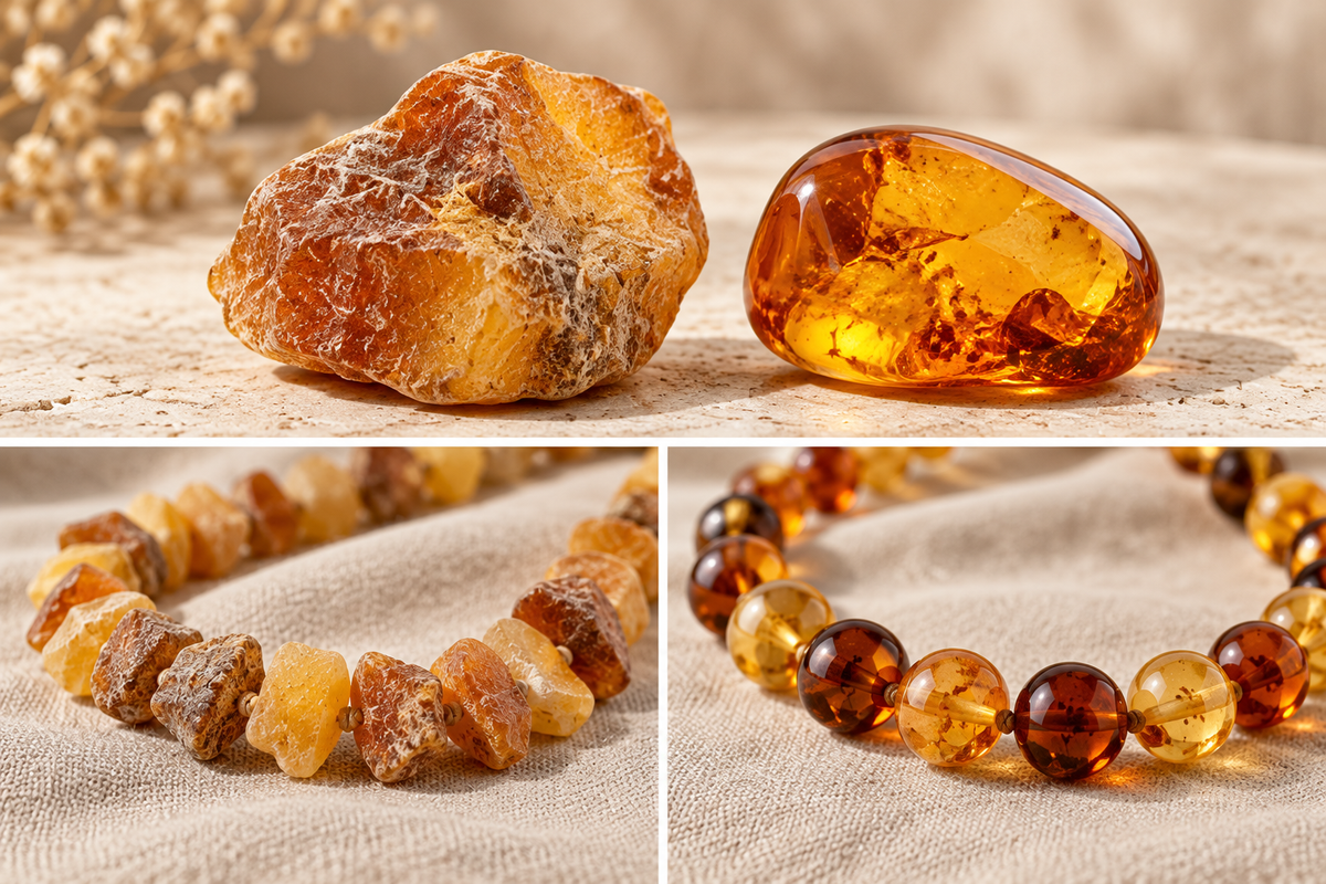 Raw and polished Baltic amber comparison showing rough and smooth finishes
